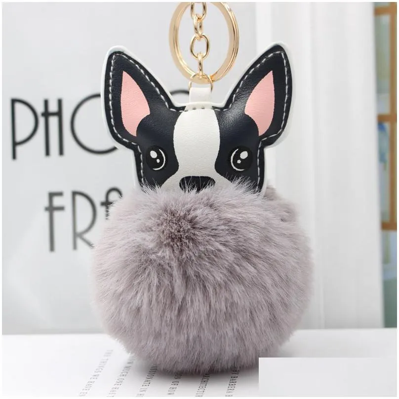 lovely pompom bulldog keychain fluffy rabbit fur ball dog charm leather keyring women bag car key ring