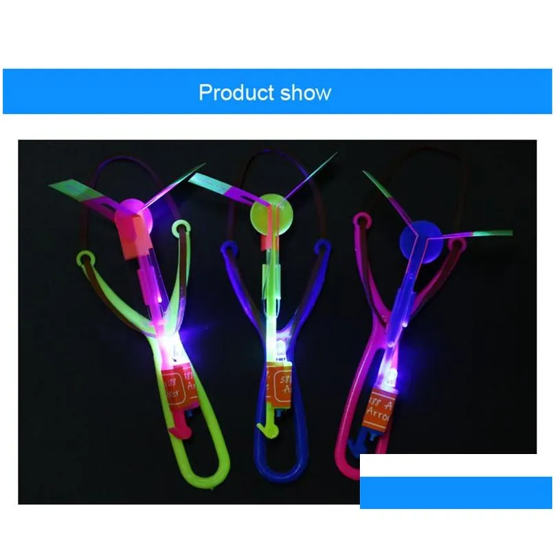 Amazing LED Light Arrow Rocket Helicopter Rotating Flying Toys Flying Catapult Toy Light Up Toy Kid Party Favor Toy Fun Gift Elastic