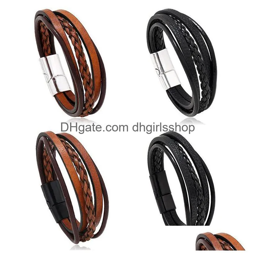 pu leather braided wrap charm bracelets for men vintage handmade bracelet for women ethnic magnet buckle wristbands