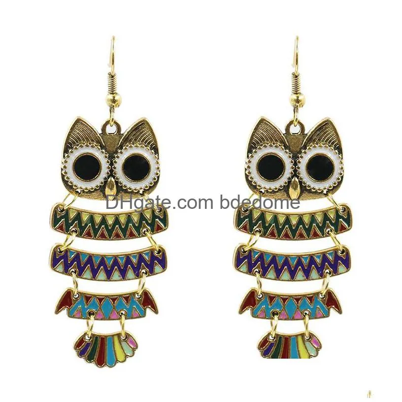 cartoon bird owl earrings ancient bronze enamel animal hook chandelier dangle earrings ear ring for women fashion jewelry will and