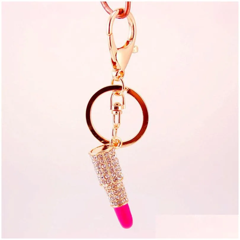 fashion metal full rhinestone lipstick red keychain bag pendant key chain for woman gift 5 colors