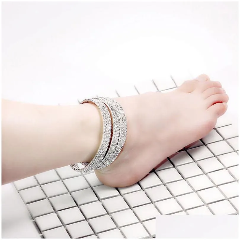 sliver gold rhinestone elastic anklets for women ankle bracelets on the leg bracelet layered anklet foot jewelry