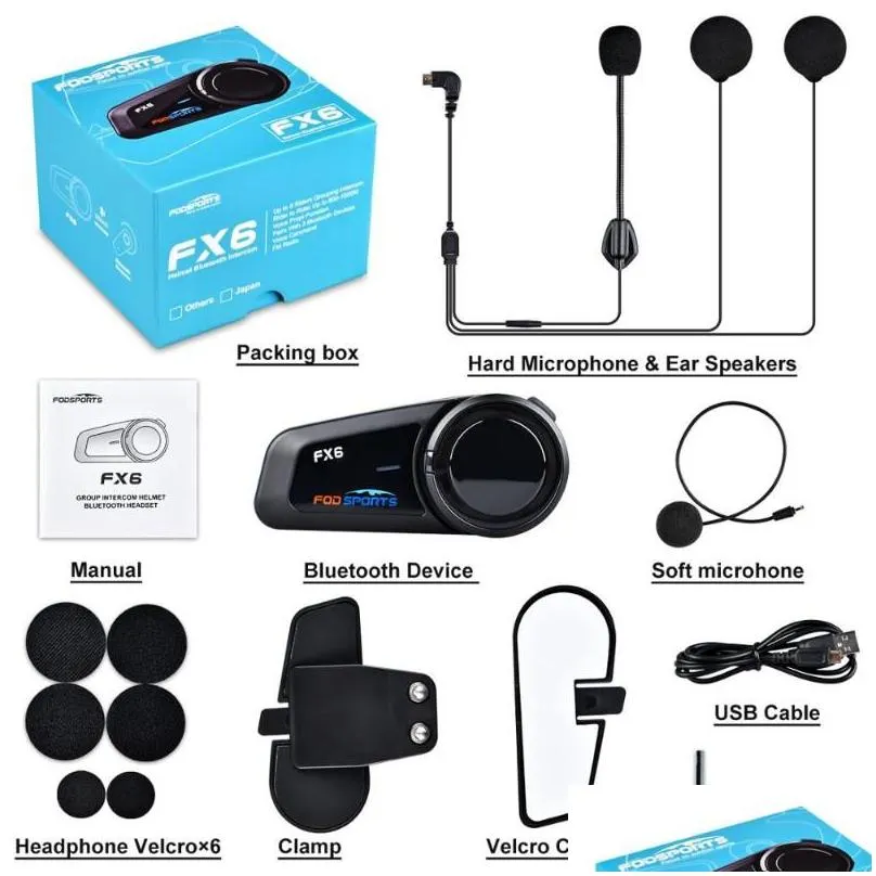 Motorcycle Intercom 2021 Version Fodsports FX6 Helmet Headset 6 Riders 800m FM Radio Moto Wireless Headsets For All Type Helmets1