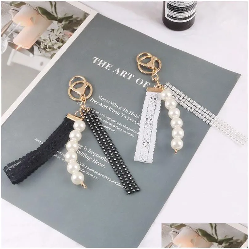 korean lace imitation pearl keychain fashion tassel accessories pendant key ring women backpack holder