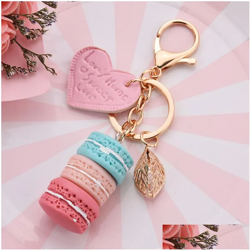 women new macaron cake keychain pu love alloy leaf keychains charm bag pendant key ring party gift jewelry