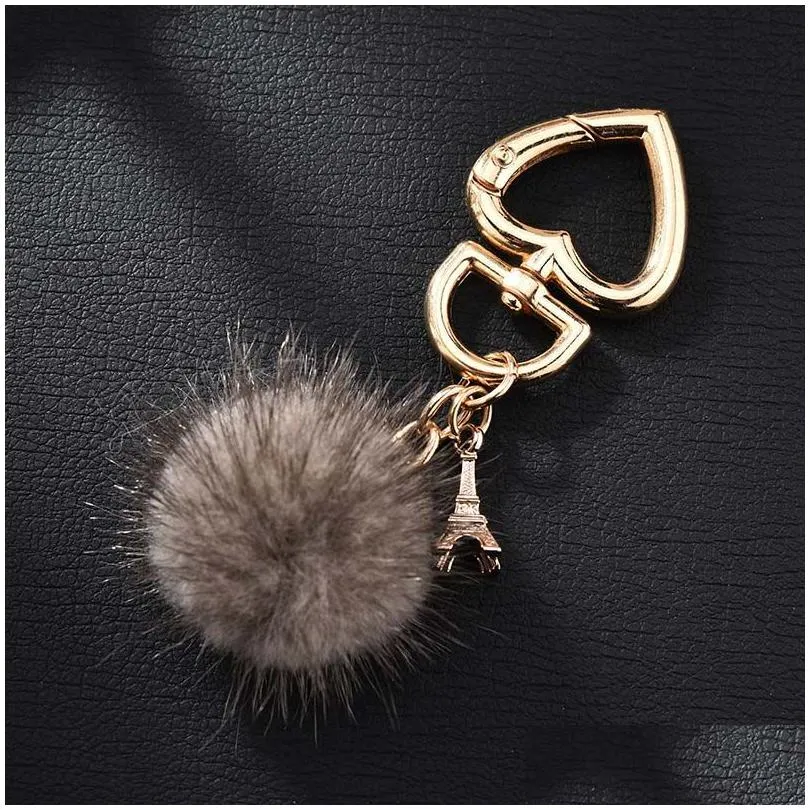 fur ball heart key chain with iron tower charm for women bag keyring holder jewelry pendant