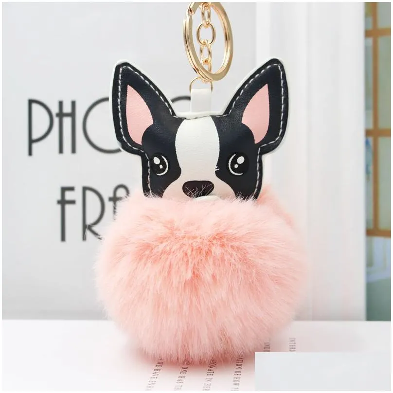 lovely pompom bulldog keychain fluffy rabbit fur ball dog charm leather keyring women bag car key ring