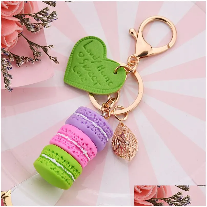 women new macaron cake keychain pu love alloy leaf keychains charm bag pendant key ring party gift jewelry