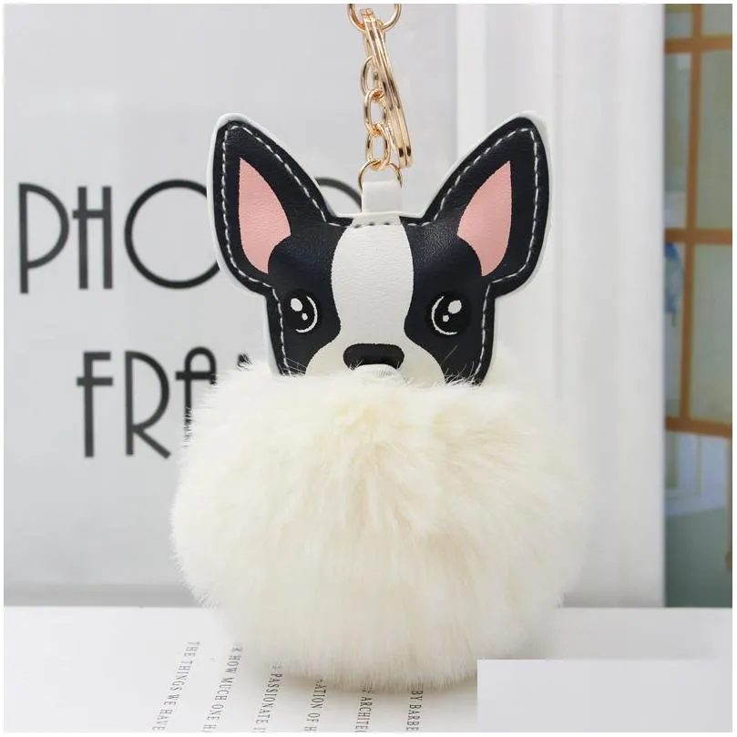 lovely pompom bulldog keychain fluffy rabbit fur ball dog charm leather keyring women bag car key ring