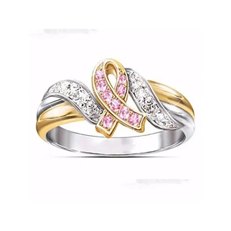 Women`s Fashion Two-Tone Pink Ribbon Hope Crystal Zircon Ring Breast Cancer Awareness Gift for Girls