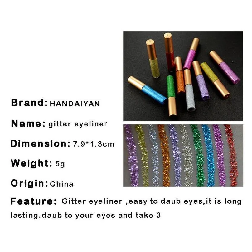 Handaiyan 10 Colored Liquid Eyeliner Glitter Liner Colorful Sequins Shiny Easy to Wear Long Last Makeup Eyeiners