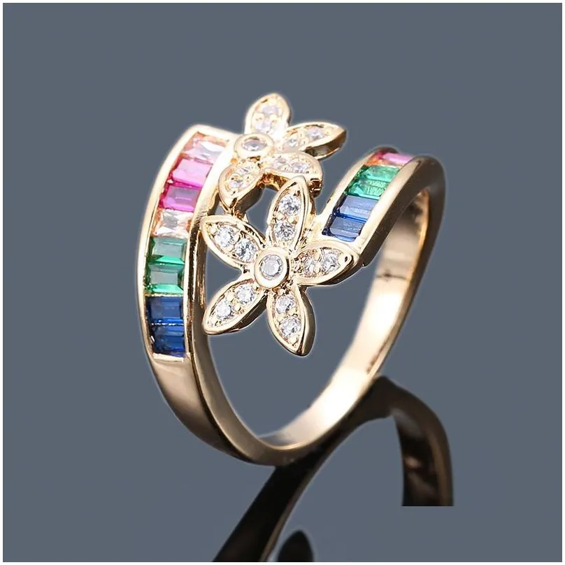 Design Rainbow Flower CZ Ring Women Wedding Gift Gold Color Leaves Austrian Zircon Fashion Crystal Rings Jewelry Wholesale