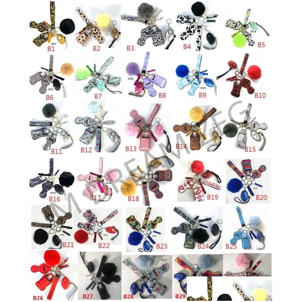 34 Colors 1set=9pcs Fashion Defense Keychains Set Pompom Alarm Keychain Lipstick Holder And Wristband For Woman Men Self-defense