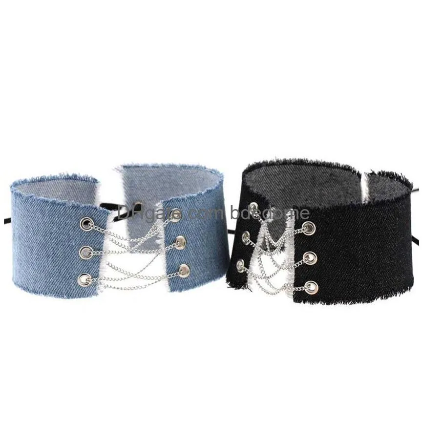 blue jeans denim chokers necklace collar wide multilayer chains lace adjustable necklaces neck band for women grils party nightclub fashion jewelry will and
