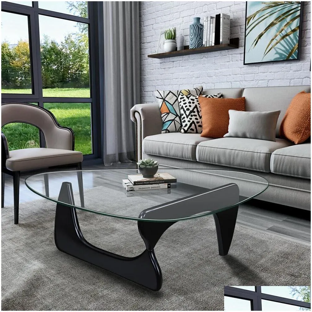 black coffee table triangle glass solid wood base fit living room