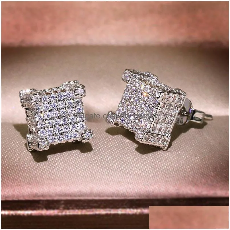 men women gold stud earrings hip hop jewelry cz simulated diamond silver fashion square earring