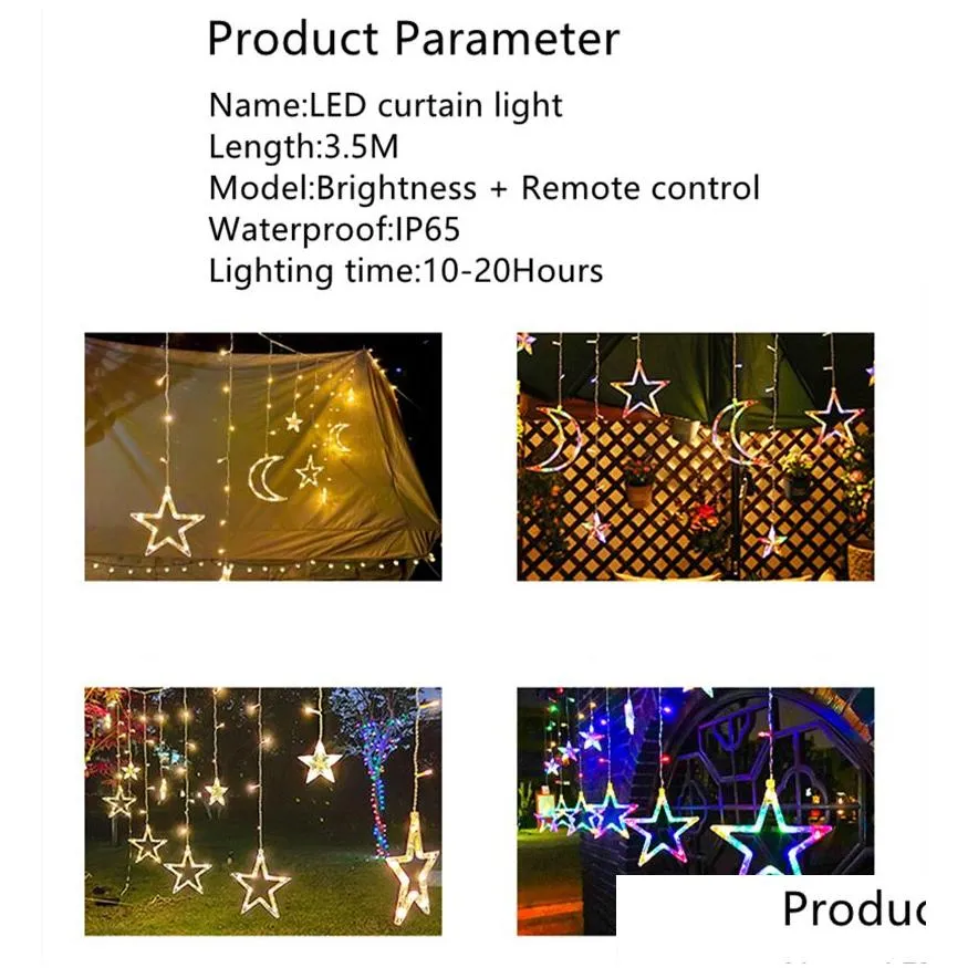 Solar LED Light String Curtain Romantic Rope Lights With Remote Control Outdoor Star Garland Moon Lamp Bar Home Decoration Party Christmas