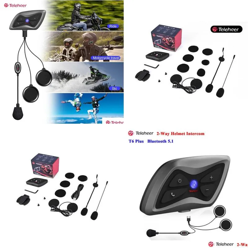 1Pcs/Set Teleheer Intercom T6 Plus Bluetooth Headset Motorcycle Helmet 1500M Intercomunicador Moto Real-time For 2 Riders Waterproof