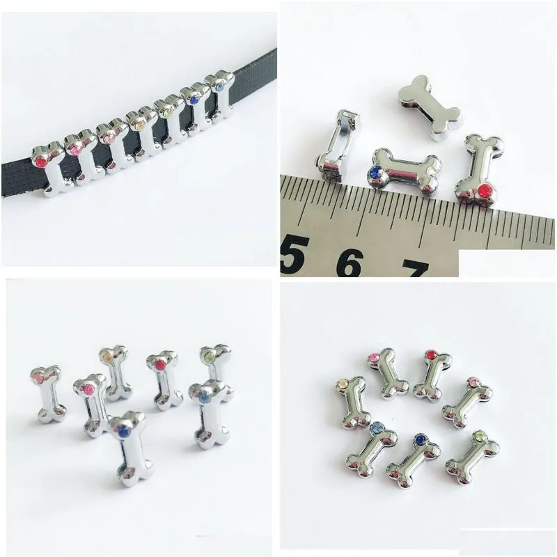 30pcs 8mm mixed color one rhinestone dog bone slide charms letters diy accessories fit 8mm wristband pet name collars belts phone