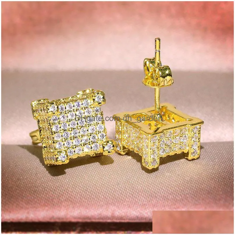 men women gold stud earrings hip hop jewelry cz simulated diamond silver fashion square earring