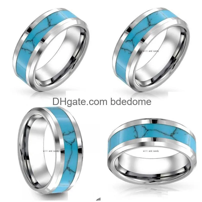 simple stainless steel natural turquoise ring band finger women men inlay natural stone rings fashion jewelry will and sandy