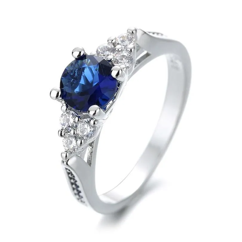 Fashion Big Blue Stone Ring Charm Jewelry Women CZ Wedding Promise Engagement Ladies Accessories Gifts