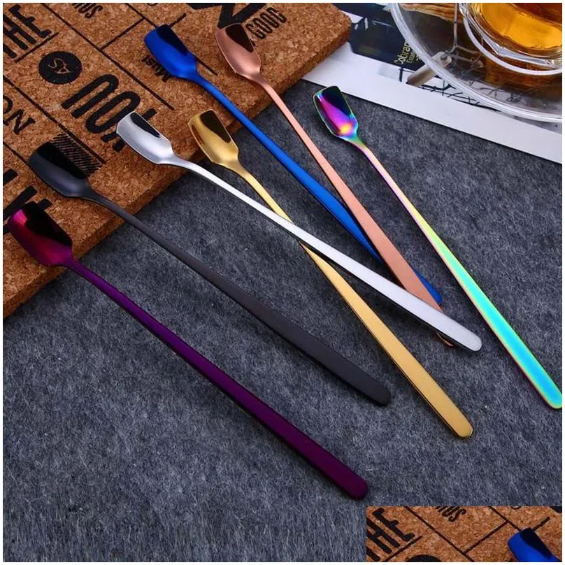 304 stainless steel square head ice spoons home kitchen supplies long handle coffee dessert gold cocktail stirring scoops drop ship