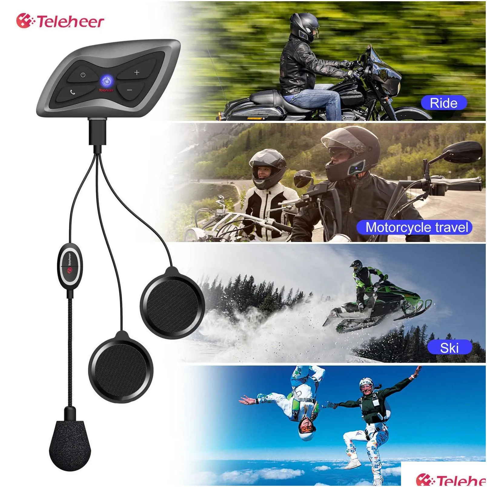 1Pcs/Set Teleheer Intercom T6 Plus Bluetooth Headset Motorcycle Helmet 1500M Intercomunicador Moto Real-time For 2 Riders Waterproof