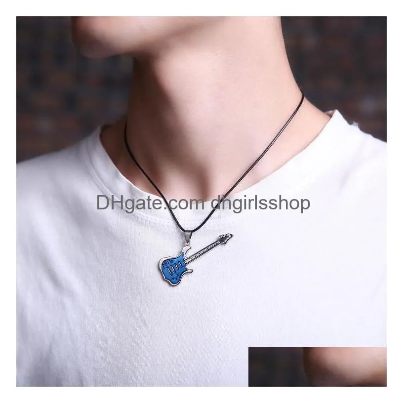 fashion stainless steel guitar necklace for men pendants leather chain male necklaces