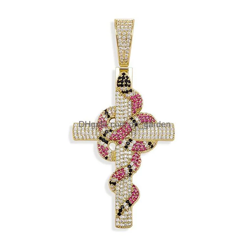 iced out cross pendant necklaces gold retro snake pendant fashion mens hip hop necklace jewelry