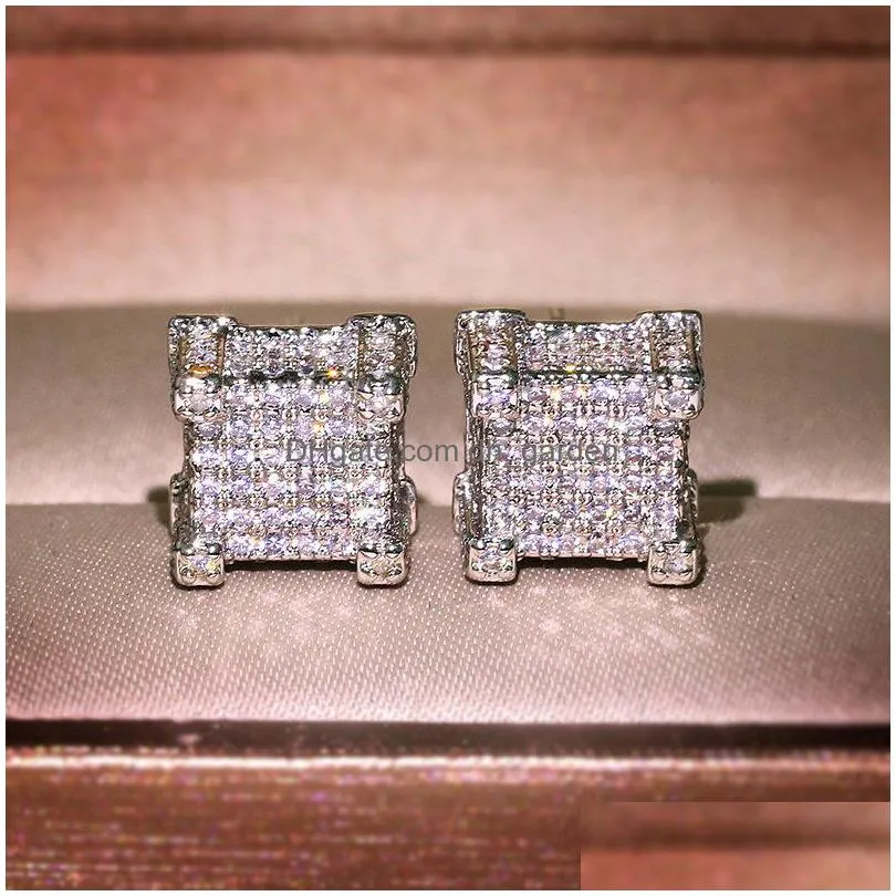 men women gold stud earrings hip hop jewelry cz simulated diamond silver fashion square earring