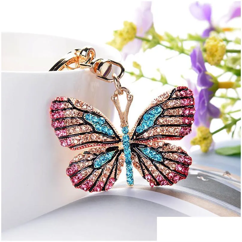 crystal butterfly keychain glittering full rhinestone alloy keychains for women girl car bag accessories fashion key ring