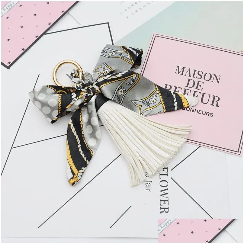 cloth bow knot key chain chiffon pu leather tassel keyring for lady bag ornaments creative fashion keychain