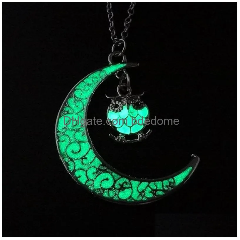 cartoon multicolor luminous owl necklace pendant moon glowing in the dark animal charm necklaces fashion jewlery for women kid gift will and