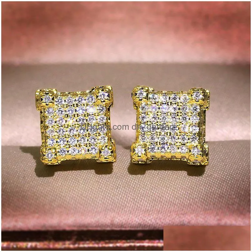 men women gold stud earrings hip hop jewelry cz simulated diamond silver fashion square earring