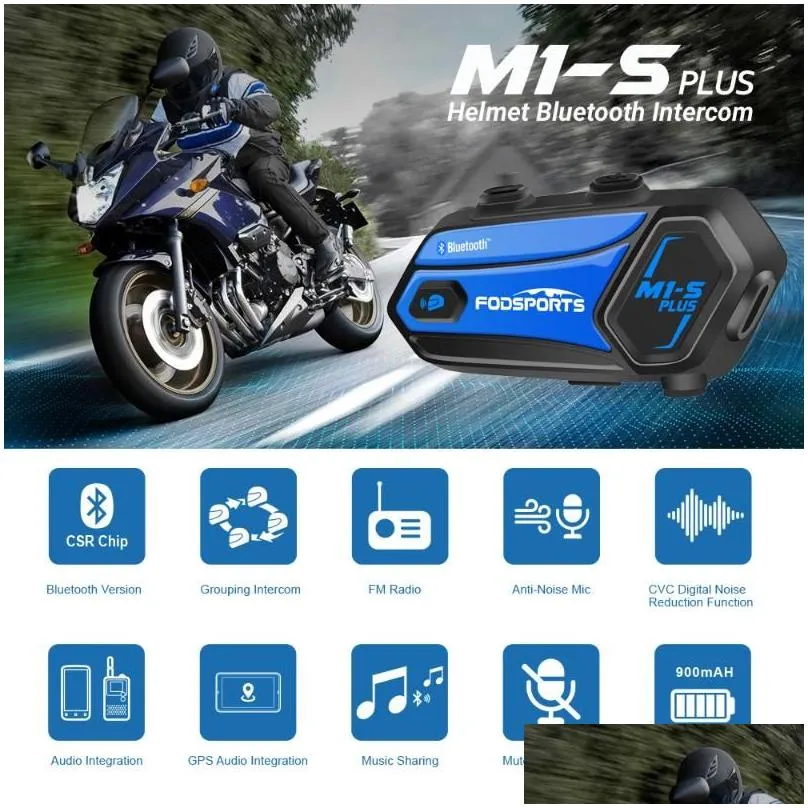Fodsports 2 pcs M1-S Plus intercom motorcycle helmet intercom bluetooth headset 8 riders wireless interphone FM music sharing