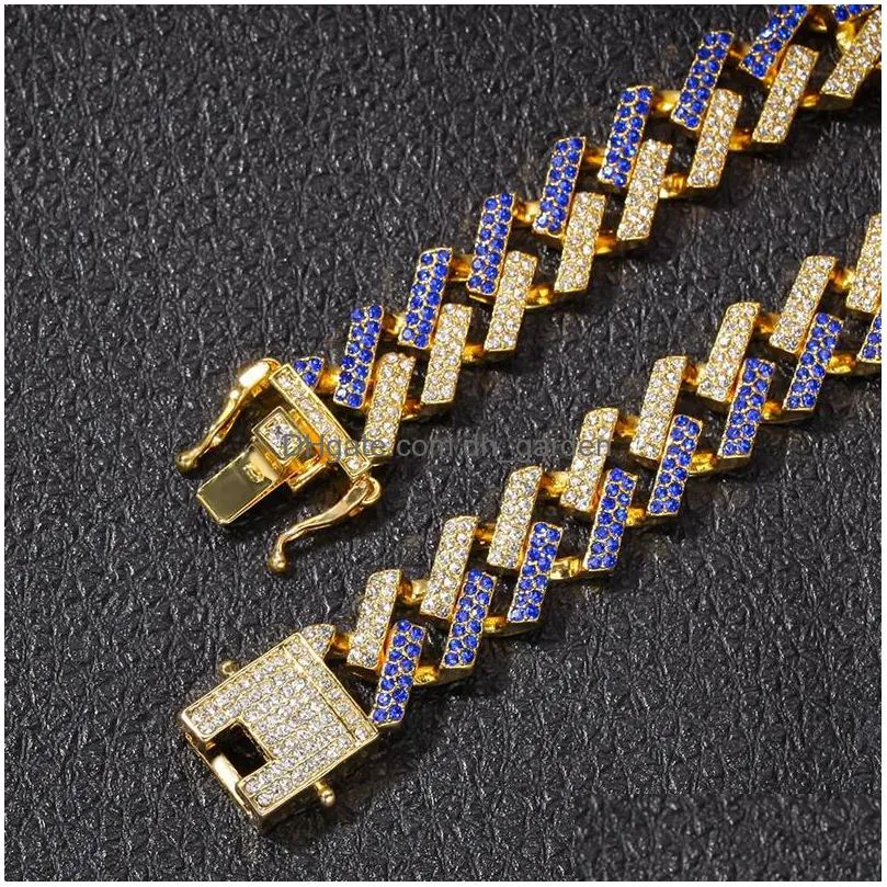 mens hip hop gold bracelets fashion iced out  cuban link chain black blue diamond bracelet jewelry 8inch