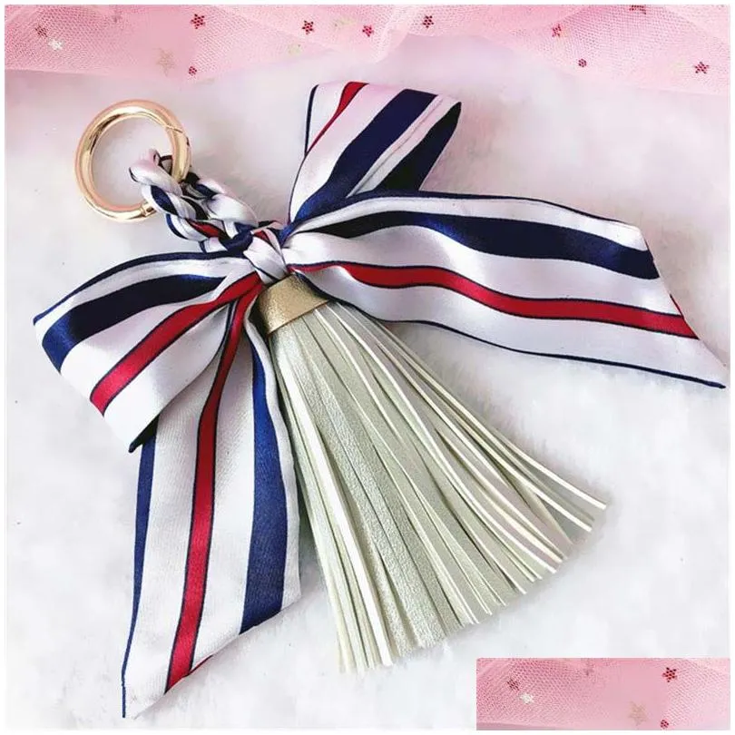 cloth bow knot key chain chiffon pu leather tassel keyring for lady bag ornaments creative fashion keychain