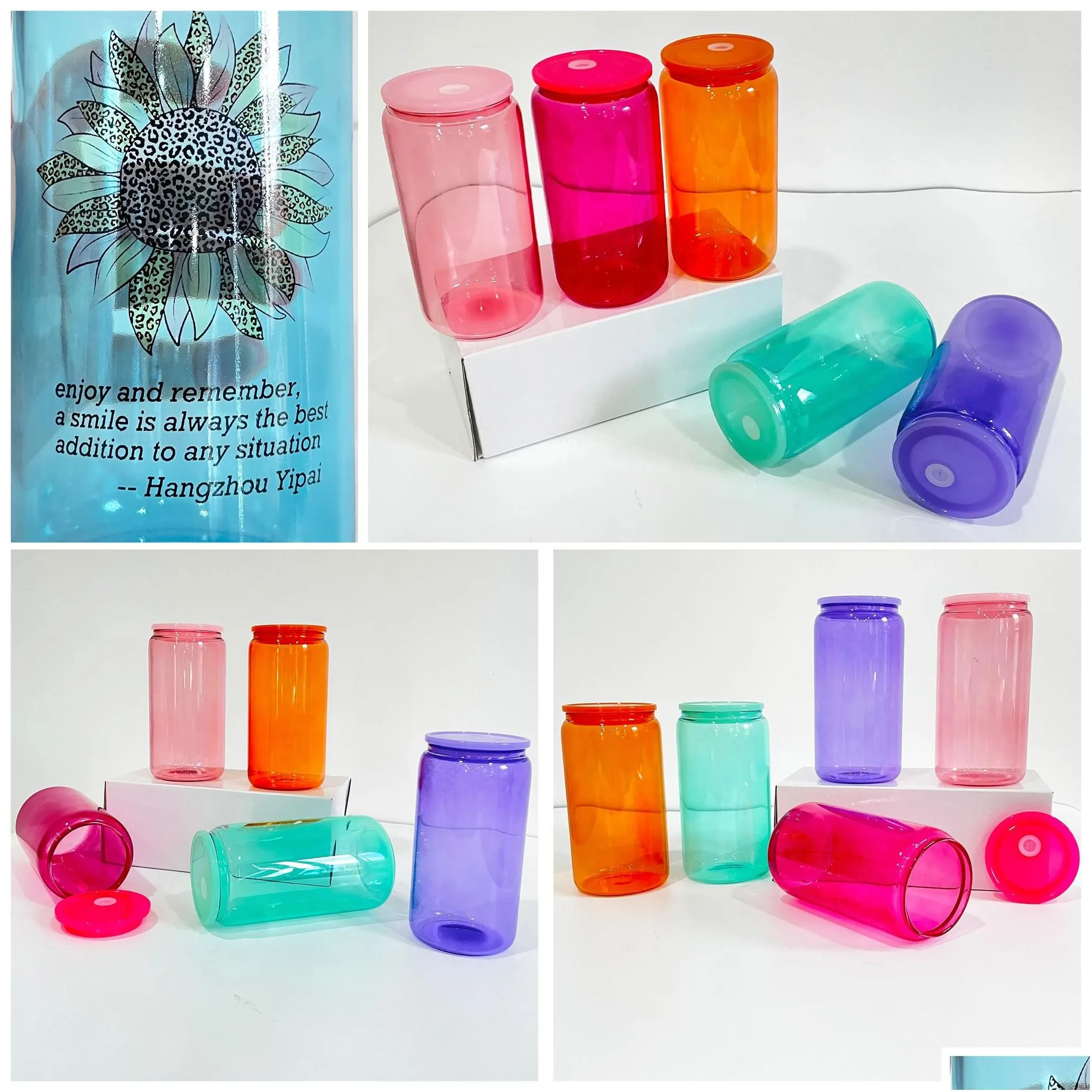 16oz Colorful Sublimation Glass Tumblers In Bulk Cheap With Plastic Lid  Blank Mason Jar For Cola, Beer, Food Cans Set Of 5 From Bdellbeauty, $3.82