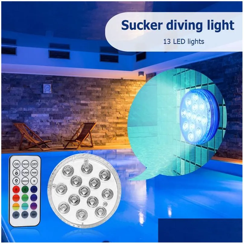 RGB Submersible Light with Magnet 13 LED Underwater Night Light Easy Carrying Great for Bar Swimming Pool Party Decoration