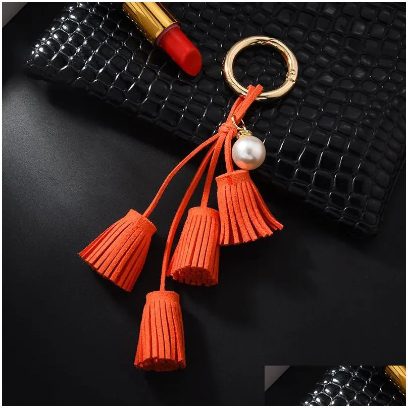 korean velvet tassel keychain leather pearl pendant car ornaments female key chain plush bag accessories 12 styles