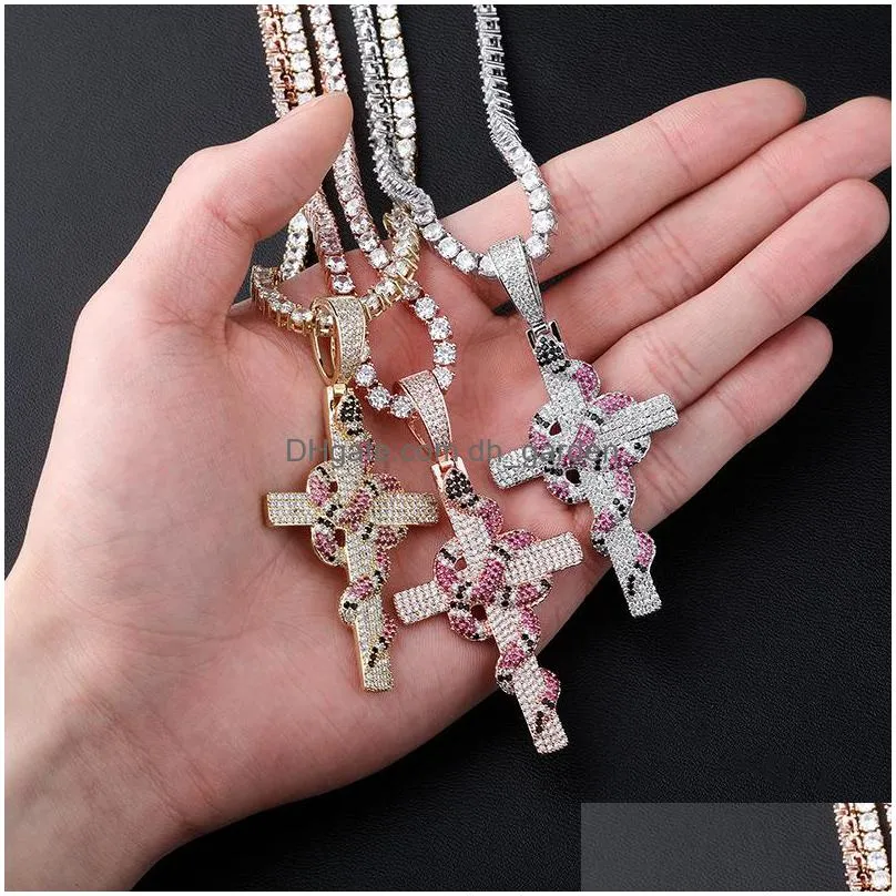 iced out cross pendant necklaces gold retro snake pendant fashion mens hip hop necklace jewelry