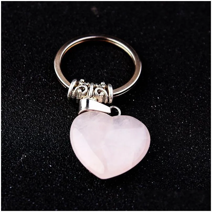 natural stone quartz heart shape pendants key rings for women girls gift fashion jewelry accessories