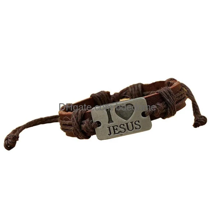 retro i love jesus id bracelet heart string adjustable leather bracelets bangle cuff for women men fashion jewelry will and sandy