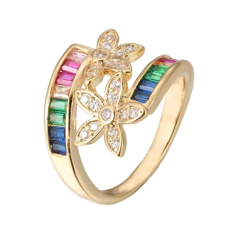 Design Rainbow Flower CZ Ring Women Wedding Gift Gold Color Leaves Austrian Zircon Fashion Crystal Rings Jewelry Wholesale