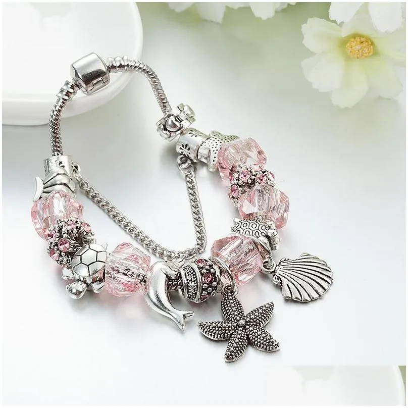 New Starfish Charm Bracelets Dropshipping Pink Blue Crystal Star Bead Bracelet Bangle for Women DIY Jewelry Gift