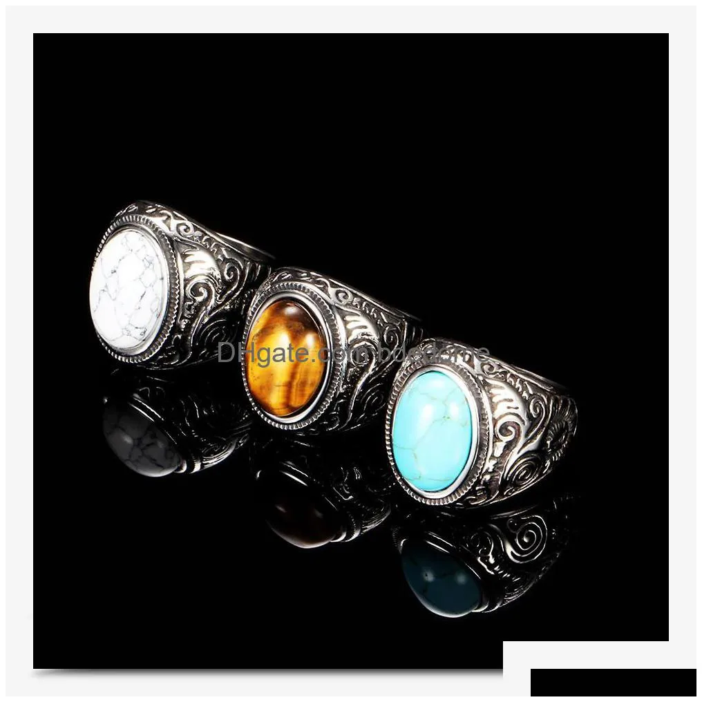 top quality stainless steel turquoise rings for men women vintage retro ancient silver punk titanium steel finger rings fashion