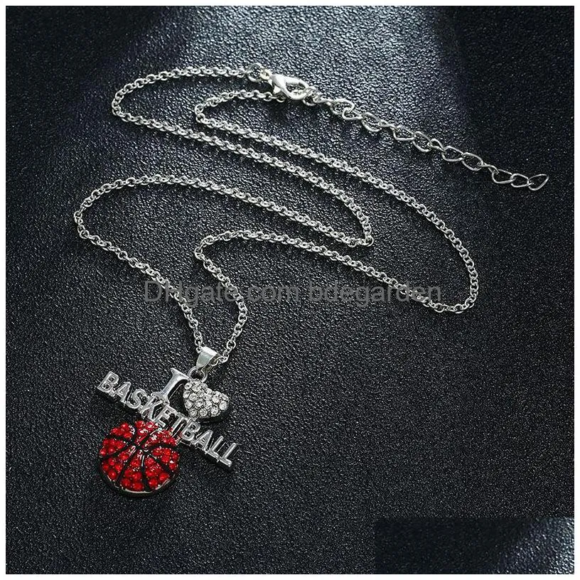 new i love volleyball necklaces crystal letter heart basketball football pendant silver chains for women fashion sports jewelry gift