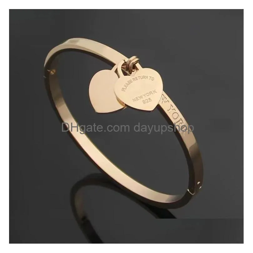 brand t classic women`s designer bracelet fashion titanium steel single double heart bracelet high quality 18k gold cuff gift