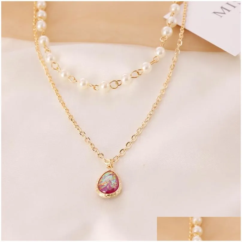 Elegant Imitation Pearl Water Drop Semi-precious Stone Pendant Necklace Women Vintage Geometric Clavicle Necklaces Jewelry Gift